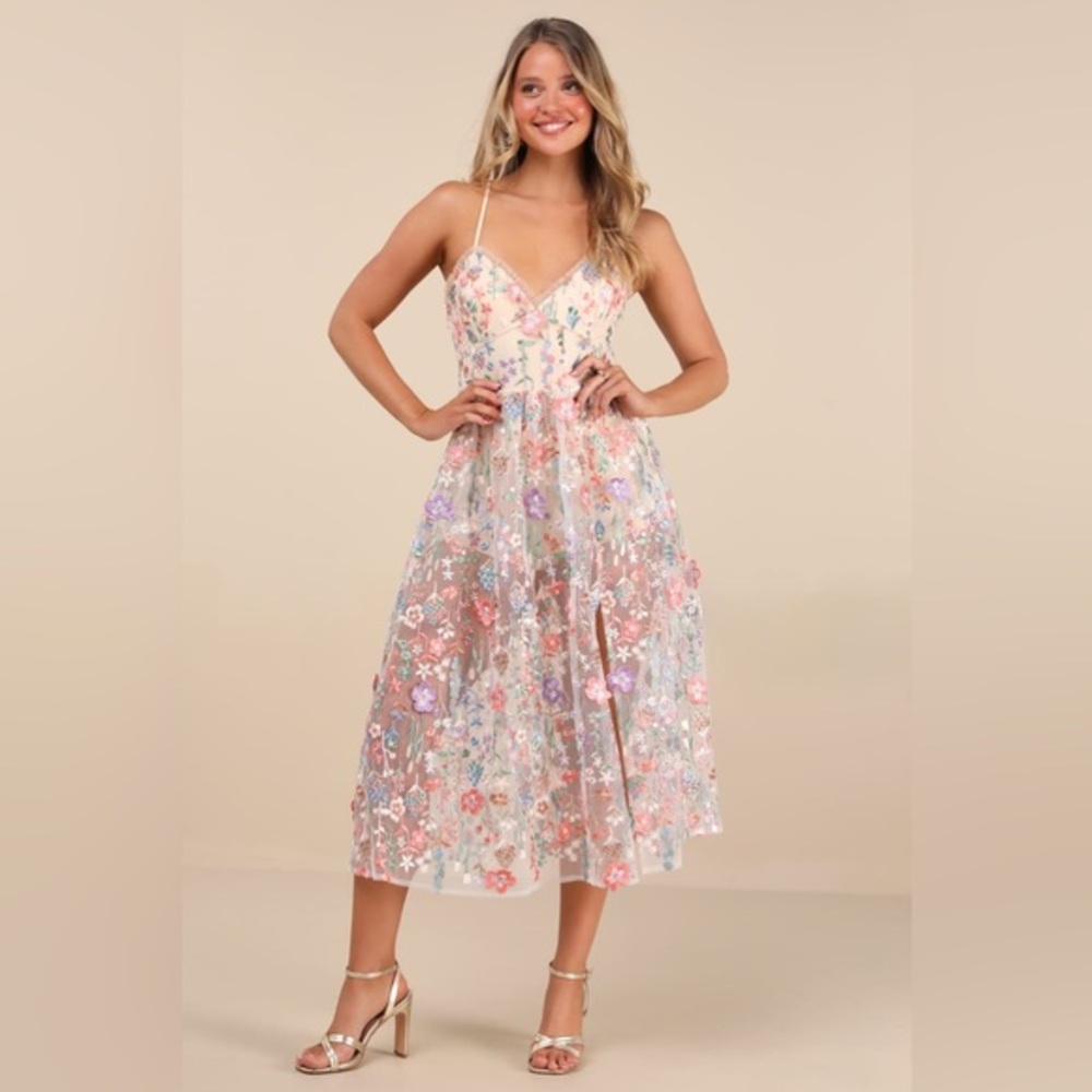 LULU’S MAHRYN 3D FLORAL EMBROIDERED MIDI BODYSUIT DRESS